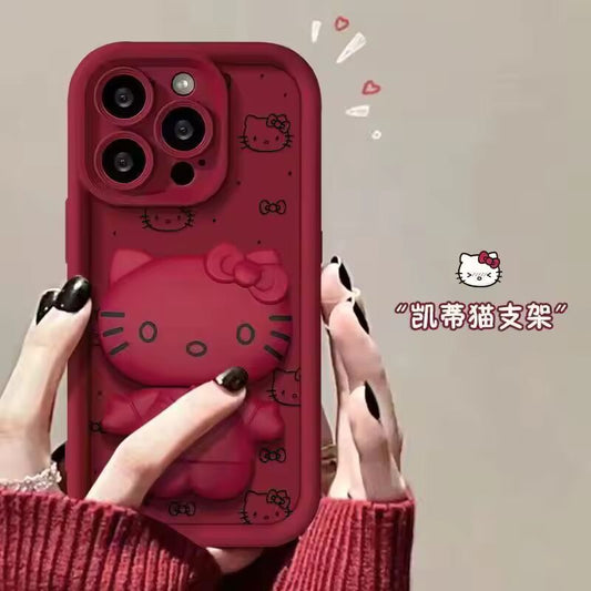 Phone Case For iPhone 15 Pro Max 14 Plus 11 12 13 XS X XR 7 8 Plus 16 Hello Kitty Makeup Mirror Stand Cover