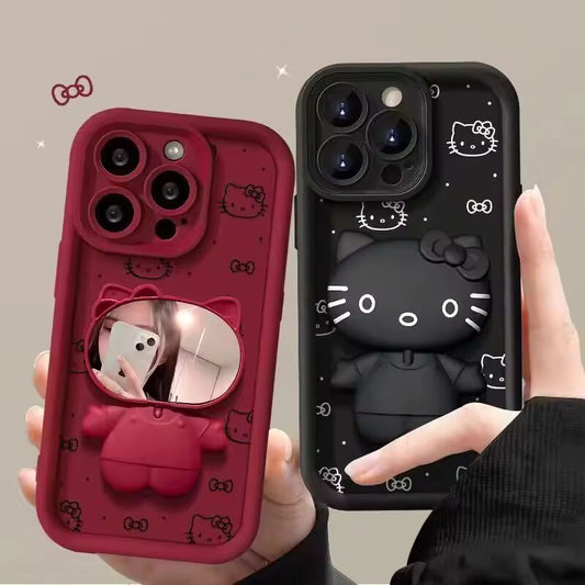 Phone Case For iPhone 15 Pro Max 14 Plus 11 12 13 XS X XR 7 8 Plus 16 Hello Kitty Makeup Mirror Stand Cover